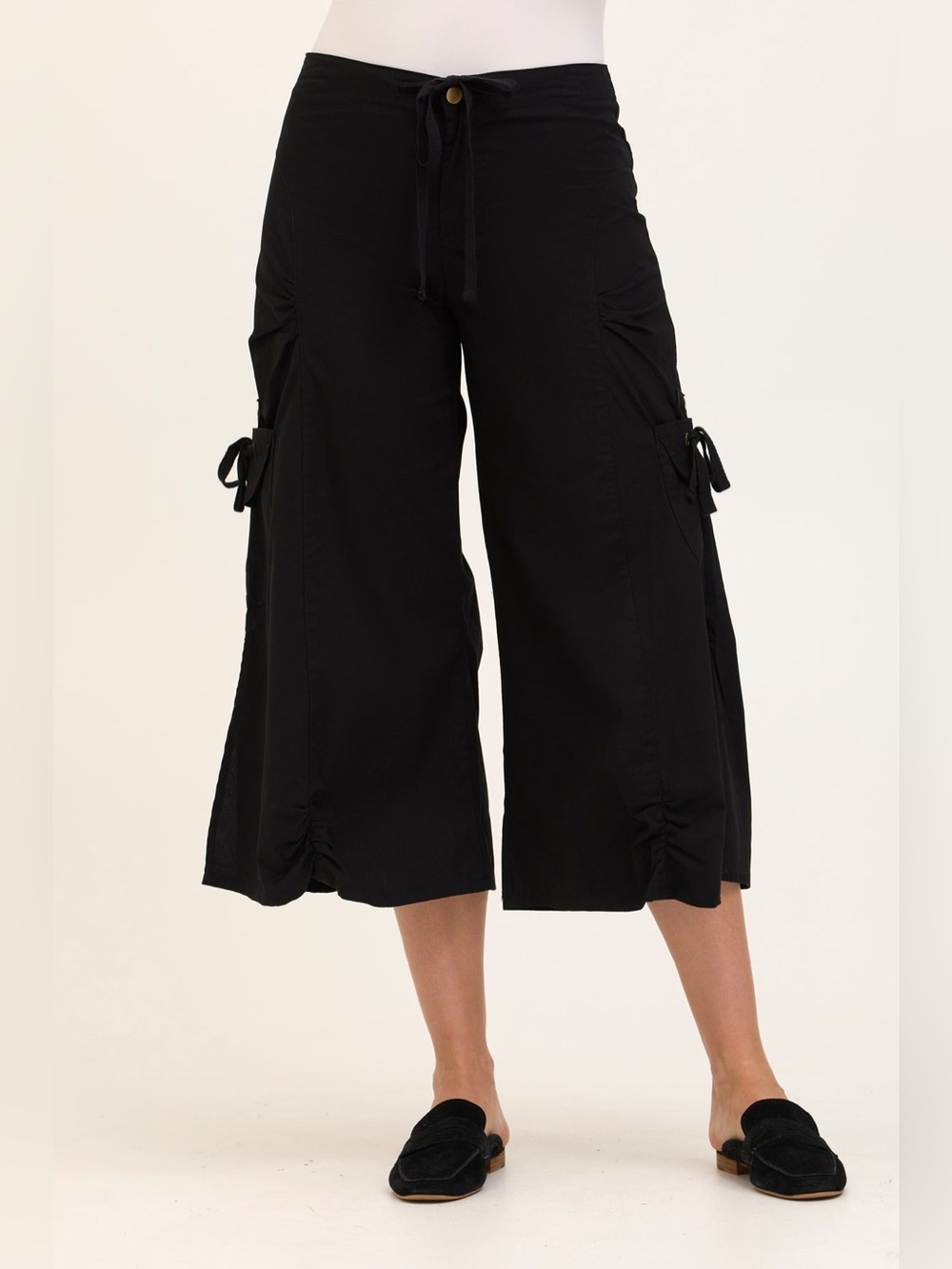 XCVI Cargo Gaucho Crop Pants Black Corduroy Lagenlook Boho Drawstring Waist